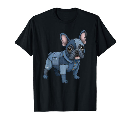 French Bulldog Pattern Patchwork Art Denim Frenchie Dog T-Shirt