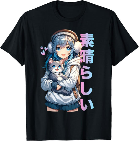 Cute Anime Girl with a Cat for Cat Lover Kawaii Otaku Manga T-Shirt