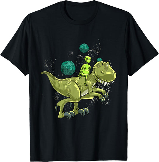Alien Riding Trex Dinosaur On Space Funny ET Galaxy T-Shirt