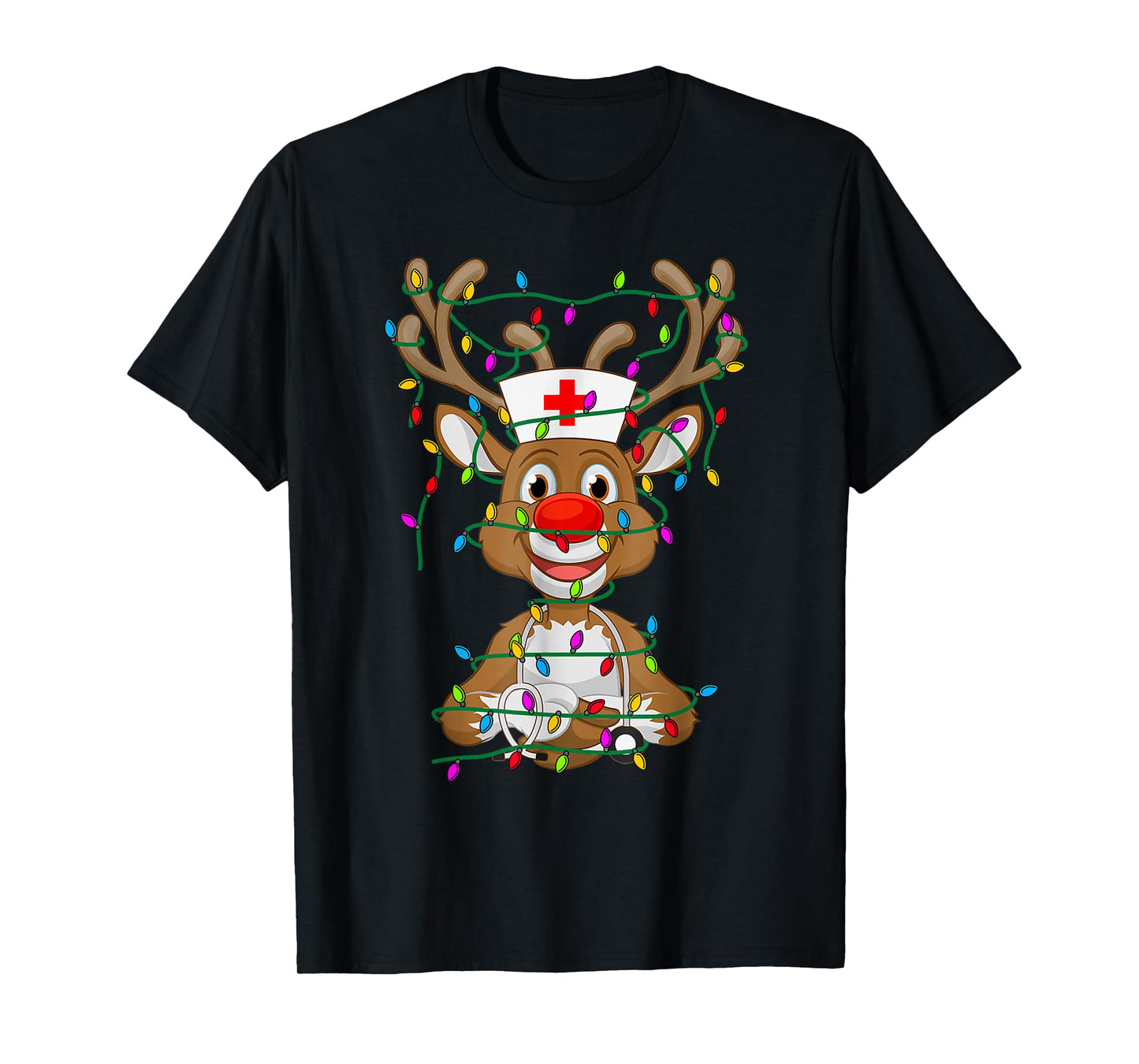 Christmas Light Reindeer Scrubs Rubber Gloves Nurses Gifts T-Shirt