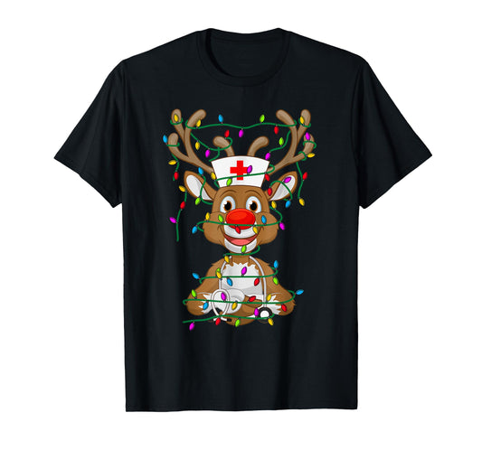 Christmas Light Reindeer Scrubs Rubber Gloves Nurses Gifts T-Shirt