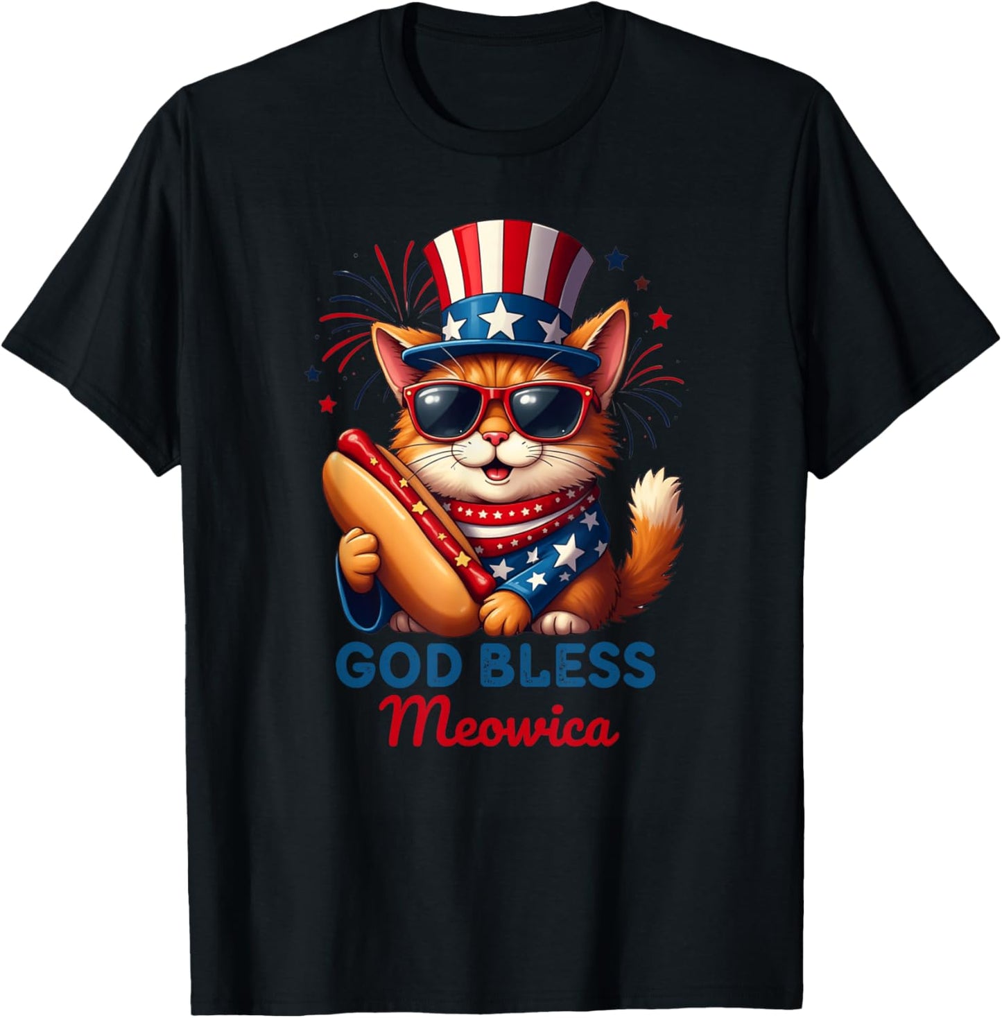 4th of July Hotdog Cat Funny Patriotic Cat USA Flag MEOWICA T-Shirt
