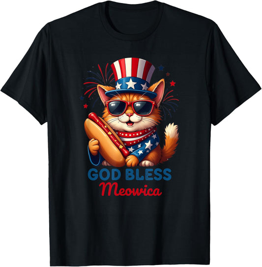 4th of July Hotdog Cat Funny Patriotic Cat USA Flag MEOWICA T-Shirt