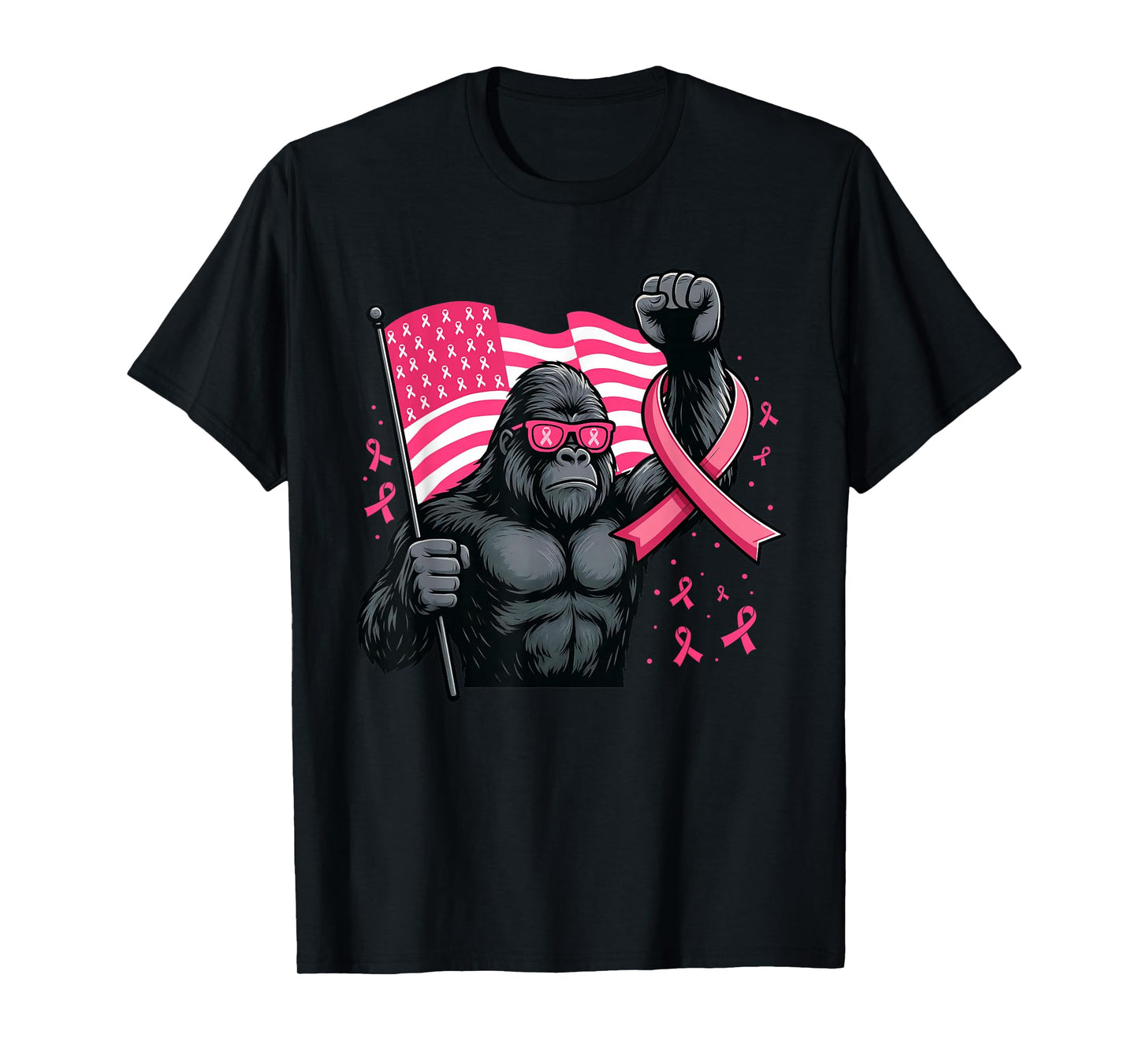 Bigfoot Pink Ribbon Flag Sasquatch Breast Cancer Awareness T-Shirt