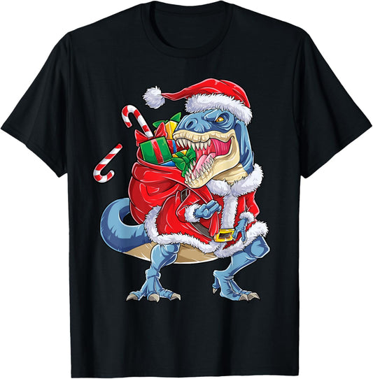 Dinosaur Christmas Santa Claus T-rex Boys Men Funny Xmas T-Shirt