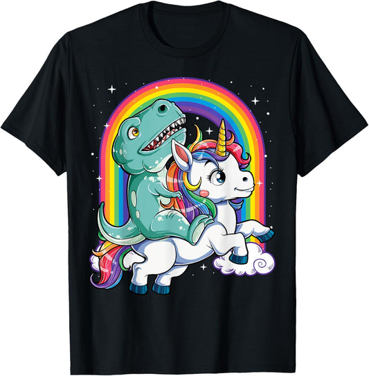 Dinosaur Riding Unicorn Funny T-rex Boys Men Rainbow Galaxy T-Shirt