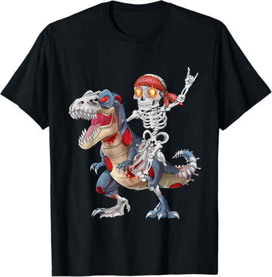 Rocker Skeleton Riding Zombie Dinosaur Halloween T-Shirt