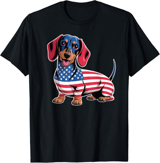 Vintage Dachshund 4th Of July Dog Patriotic USA Flag Dog T-Shirt
