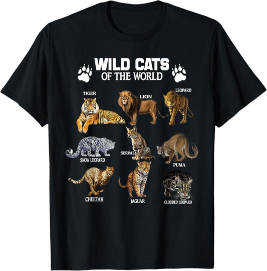 Types of Wild Cats Educational Animal Big Cat Breed Types T-Shirt