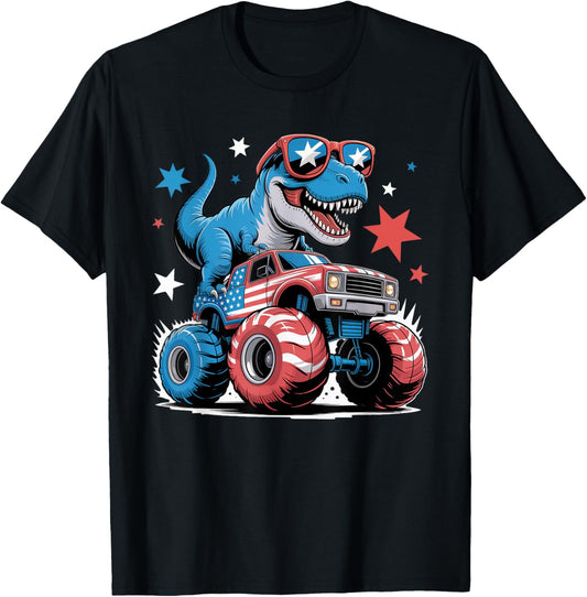 4th of July Patriotic Dinosaur Monster Truck USA Flag kids T-Shirt