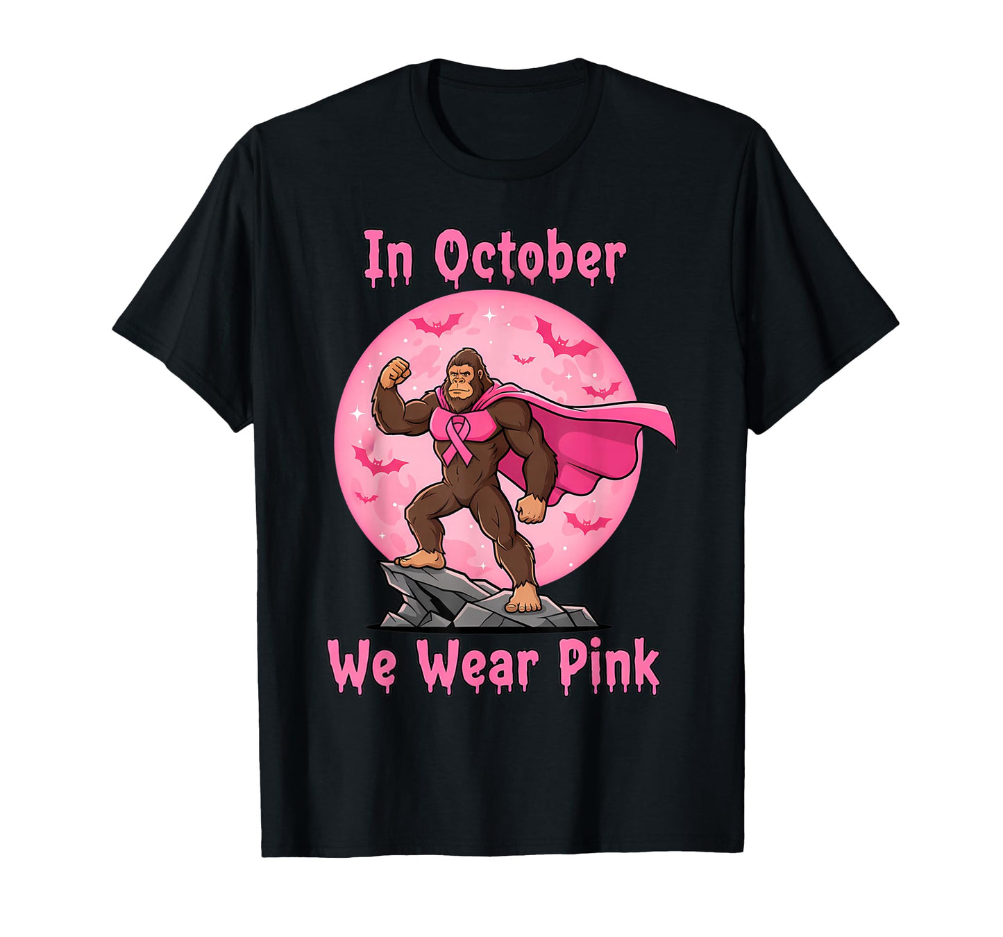 in October We Wear Pink Bigfoot Halloween Breast Cancer T-Shirt