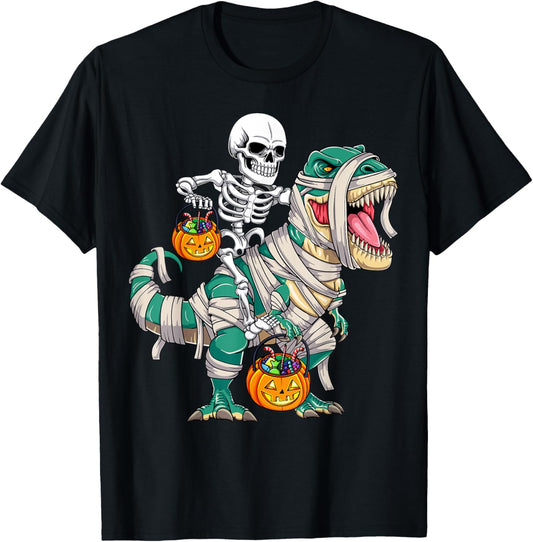 Skeleton Riding Mummy Dinosaur T Rex Kids Funny Halloween T-Shirt