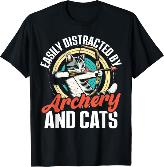 Funny Cat Parent Gift Easily Distracted By Archery And Cats T-Shirt