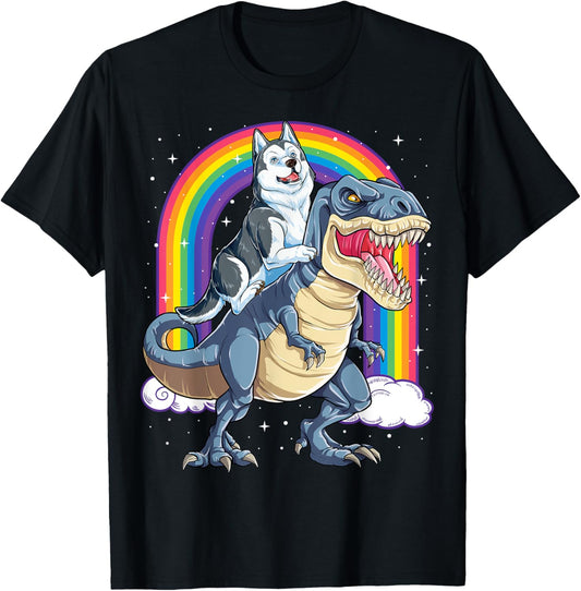 Siberian Husky Riding Dinosaur T-rex Gifts Boys Kids Rainbow T-Shirt