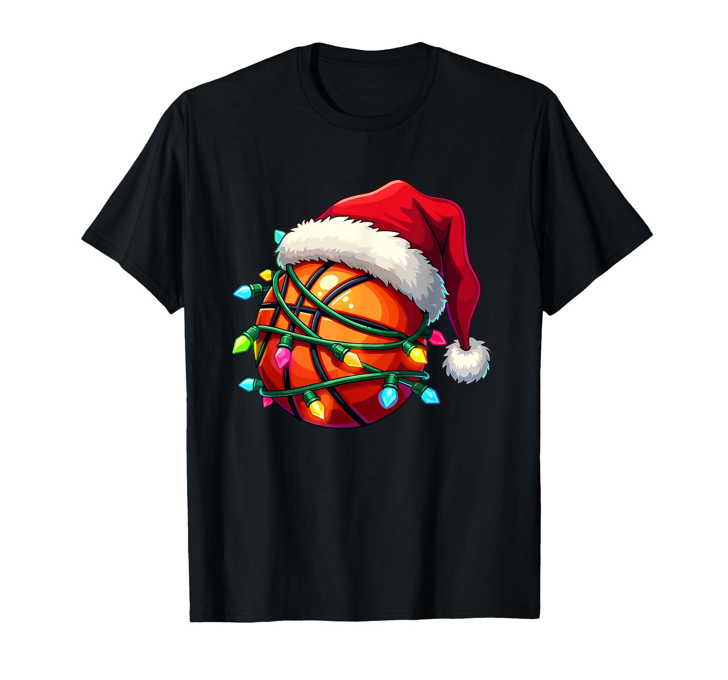 Funny Basketball Santa Hat Family Pajamas Christmas Lights T-Shirt
