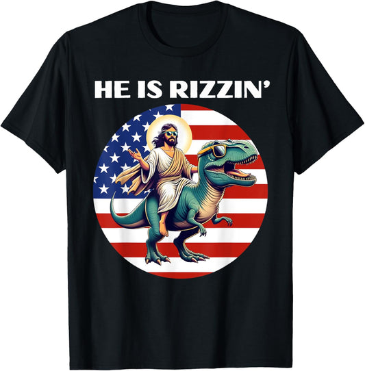 He Is Rizzen Jesus Has Rizzen Retro Christian Dinosaur T-Shirt