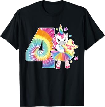 4th Birthday Unicorn Shirt Gift for Girls Age 4 Tie Dye Tee T-Shirt