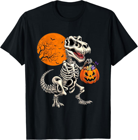 Dinosaur Skeleton T Rex Halloween Scary Pumpkin Moon Boys T-Shirt