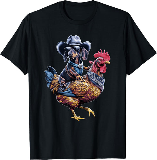 Dachshund Wiener cowboy riding a Chicken for dog lovers T-Shirt