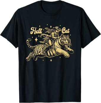 Vintage Cowgirl Hell Cat Retro Cowgirl Western Unisex-Adults Black Small Animal-Print T-Shirt