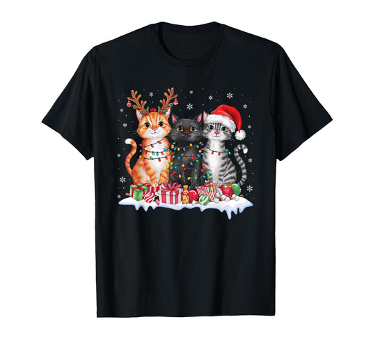 Santa Cat Christmas Light Reindeer Pajama Cat Lover T-Shirt for Men Women Kids