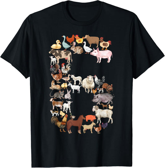 Fun 6th Birthday Farm Animals Theme Boy Kids 6 Year Old Bday T-Shirt