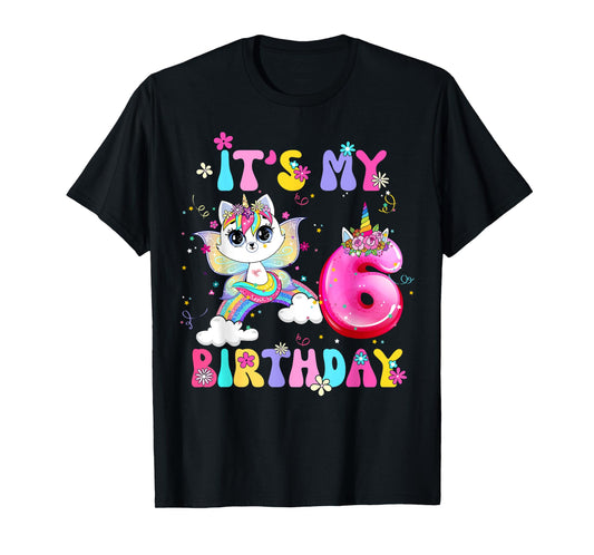 Kids 6th Birthday Cat Unicorn 6 Years Old Rainbow Girl Teens T-Shirt