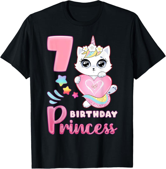 Girl, 7th birthday, unicorn cat, number 7 T-Shirt