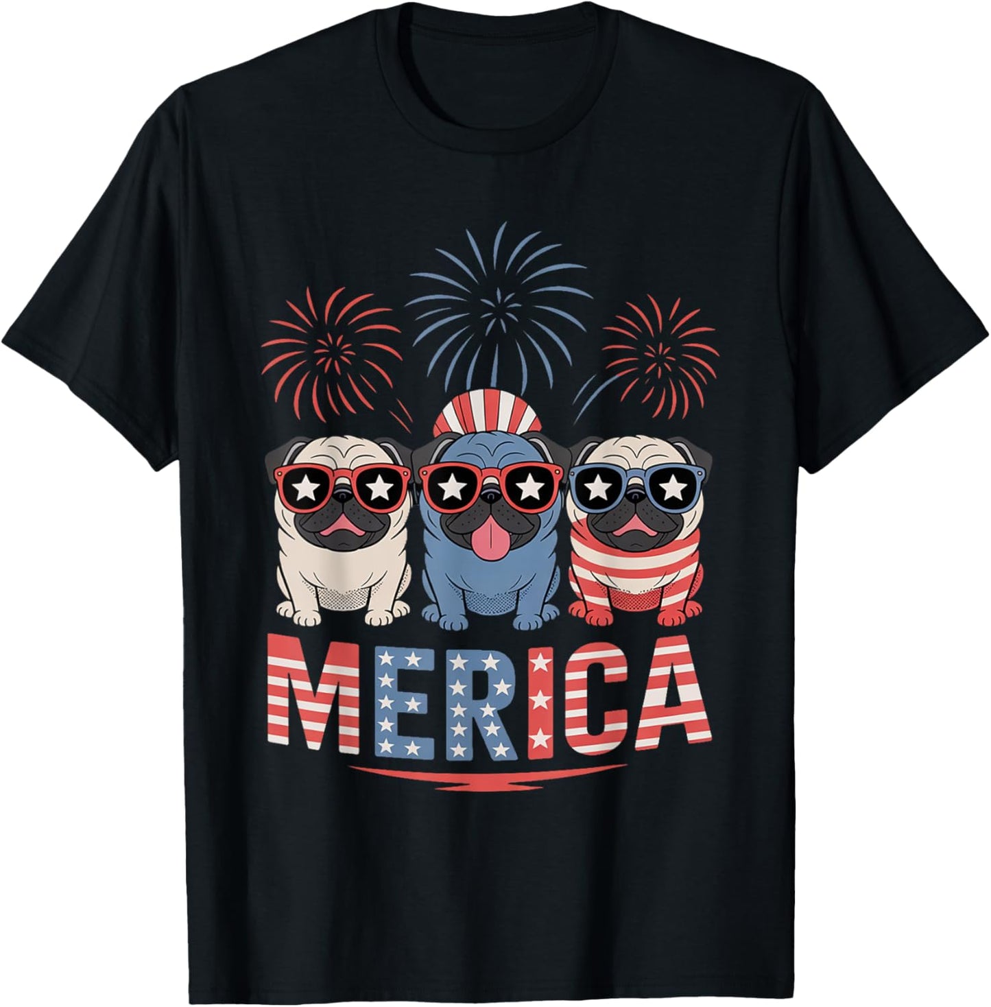 Pug Sunglasses 4th of July Merica USA Flag Dog Lover T-Shirt