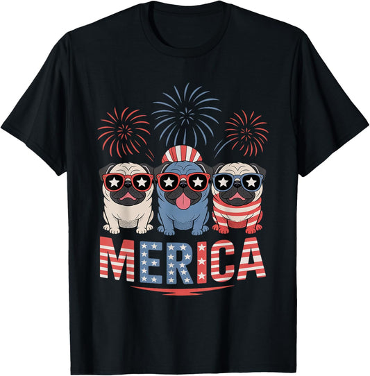 Pug Sunglasses 4th of July Merica USA Flag Dog Lover T-Shirt