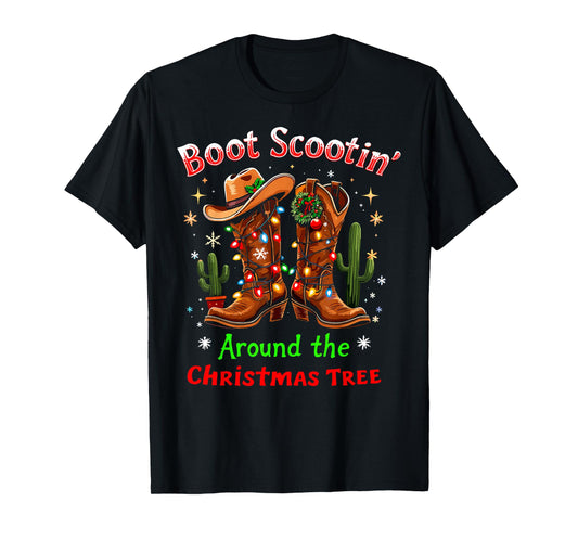 Funny Christmas New Year Xmas Party Christmas Eve Boot Scootin' Around the Christmas Tree Lights Cowboy Tee T-Shirt - Black, Small, Short Sleeve, Crew Neck, Western Style, Casual, Unisex-Adults/Kids