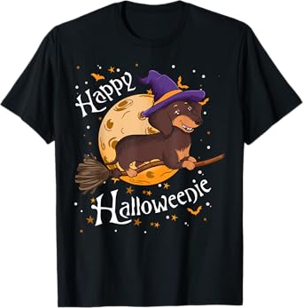 Happy Halloweenie Dachshund Dog Halloween Witch Wiener Broom Men Women Kids T-Shirt