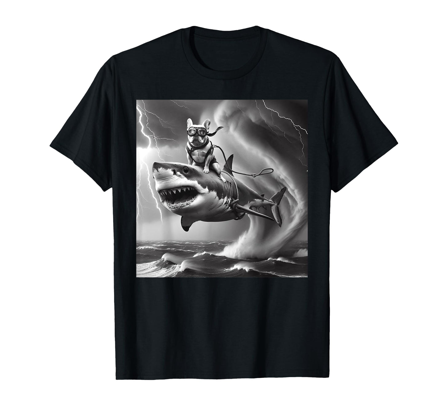 Funny Dog Bulldog Riding a Shark in Tornado Meme T-Shirt