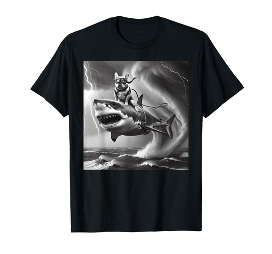 Funny Dog Bulldog Riding a Shark in Tornado Meme T-Shirt