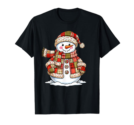 Cute Patchwork Snowman Merry Christmas Xmas Holiday Pajamas T-Shirt