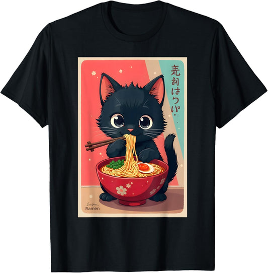Kitten Eating Japanese Noodles Anime Manga Baby Cat Ramen T-Shirt