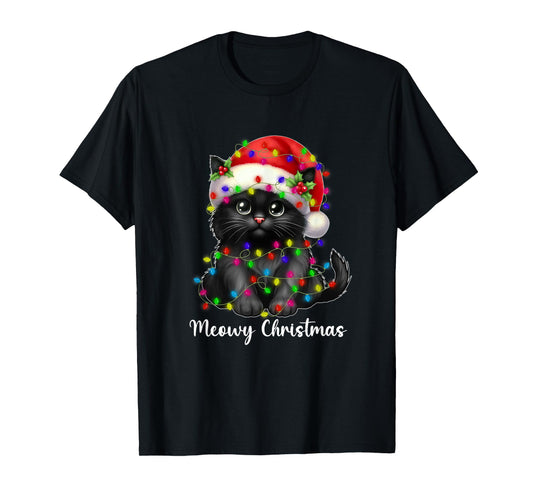 Meowy Christmas Lights Funny Family Black Cat Xmas Matching T-Shirt