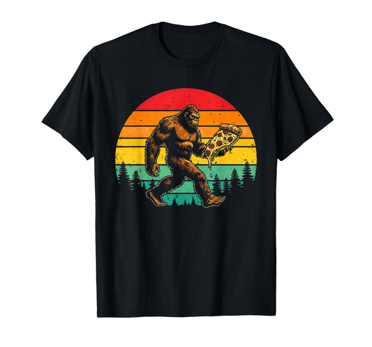 Funny Sasquatch Pizza Lover Retro Sun T-Shirt