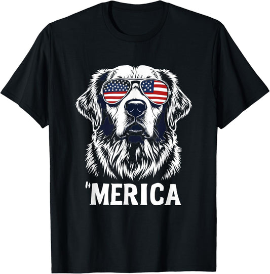 Patriotic Dog Sunglasses Golden Retriever 4th July Merica T-Shirt