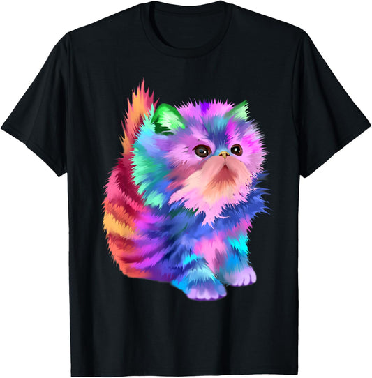 Starchild's Designs Women's Retro Rainbow Kitten Rave Psychedelic Cat T-Shirt