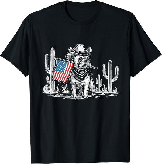 Western Cowboy French Bulldog 4th Of July American Flag Dog T-Shirt