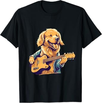 golden retriever dog playing guitar rock on guitarist women T-Shirt