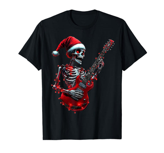 Christmas Skeleton Skull Playing Guitar Rock & Roll Music T-Shirt