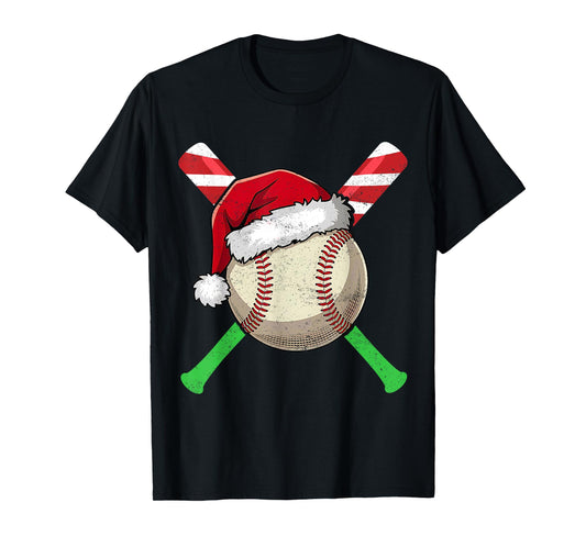 Baseball Christmas Santa Hat Lights Candy Cane Bat Xmas T-Shirt