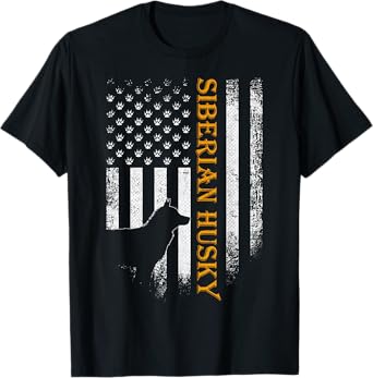 Vintage USA Siberian Husky Dog Silhouette American Flag T-Shirt
