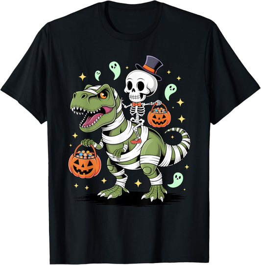 Skeleton Riding Mummy Dinosaur Halloween T-rex Funny T-Shirt
