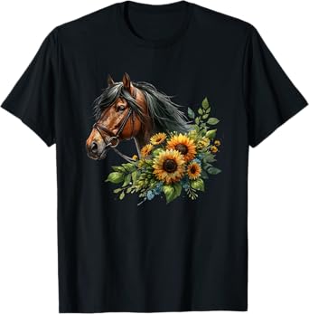 Horse Lover Art in Watercolor Teens & Bouquet of Sunflowers T-Shirt