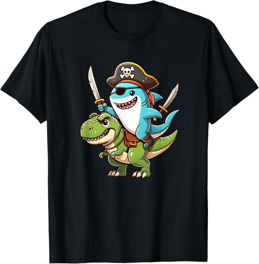 Funny shark ride T Rex in a Pirate Costume T-Shirt