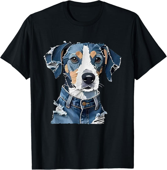 Retro Denim Patchwork Art Animal Dog Canine T-Shirt