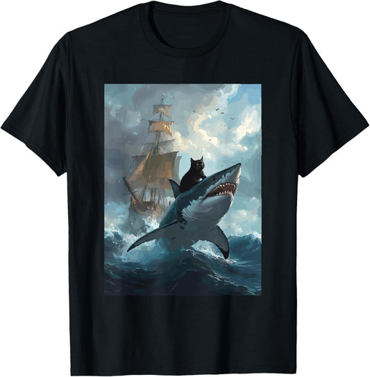 Cat Riding Shark Funny Art and Cat Lover Funny Cat and Shark T-Shirt